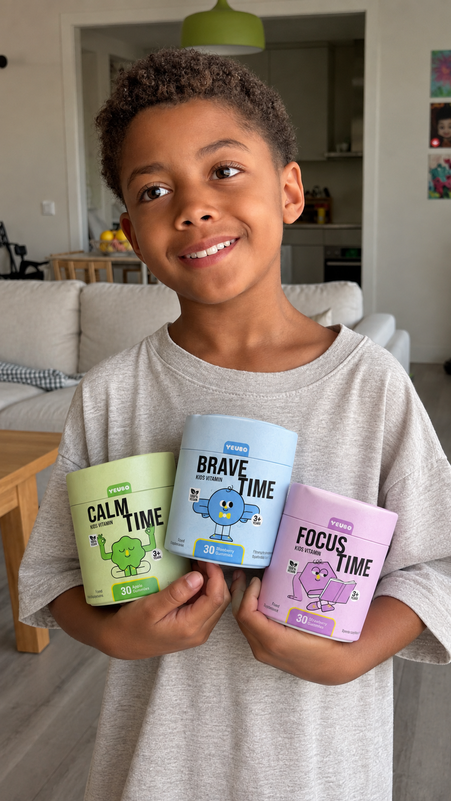 Child holding all three Yeubo tubs